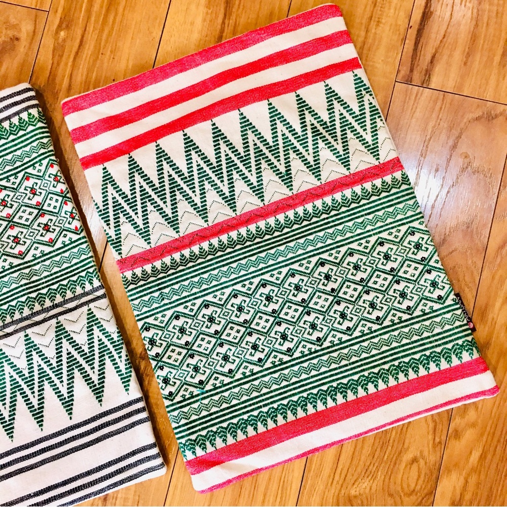 Artisan Myanmar pillow case covers new tags Christmas Aztec red green tan